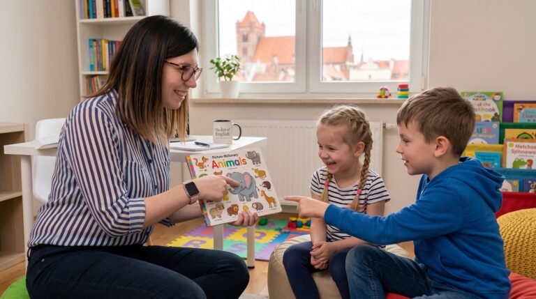 Uśmiechnięta nauczycielka w okularach pokazuje dwójce dzieci wesołą książkę z angielskimi zwierzętami, z widokiem na panoramę Torunia w tle.